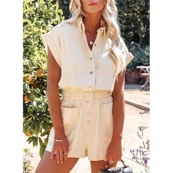 Women's Trooper Utility Cargo Rompers Short Sleeve Button Down Pockets Jumpsuits - Picture 2 of 6